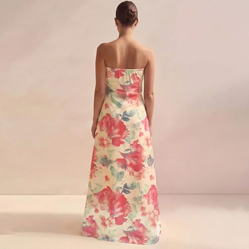 Image of Zwirelz Women Strapless Maxi Dress Boho Floral Print Flowy Long Tube Dress Off Shoulder Loose Beach Sundress