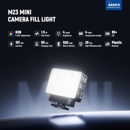 Image of NEEWER Basics Magnetic RGB Camera Auxiliary Light, 1.5W Plastic Small Cold Shoe LED Panel Video Photo Fill Lighting for DSLR Action Cam Phone Cage AC024 OSMO Pocket 3 Mount & M21, CRI95+ 500mAh, M23