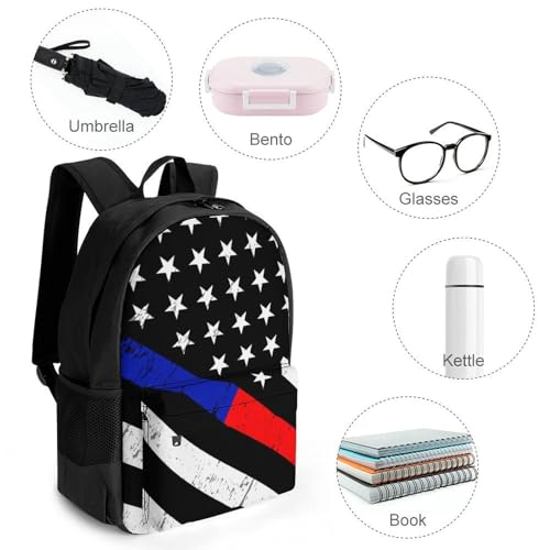 Supdreamc Men Women Polyester Thin Red Line And Blue Line American Flag Black Casual Daypack Large Capacity Carry On Bag With Adjustable Shoulder Straps for Camping Work Running4