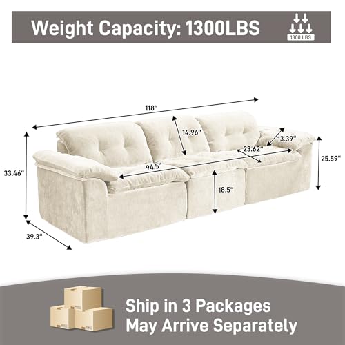 Image of Oversized Modular Sectional Sofa, Large Modern Cloud Sectional Couch with Seat Cushion, Boneless 3 Seater Couch for Living Room, Apartments, No Assembly Required, Beige