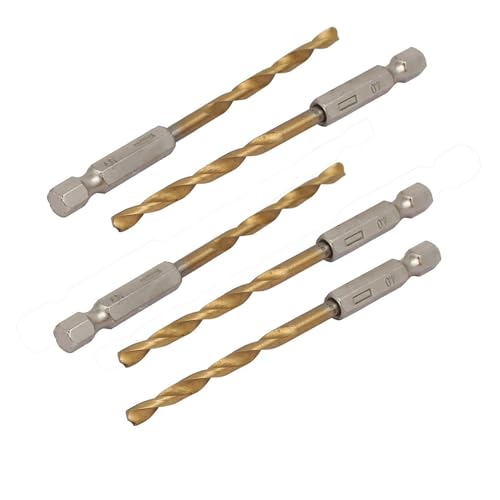 TA-VIGOR 5Pcs 4mm Hex Shank Twist Drill Bit Set, 1/4 Inch Shank HSS Titanium Coated Drill Bit Set Quick Change Twist Drill Bits for Woodworking, Plastic and Metal