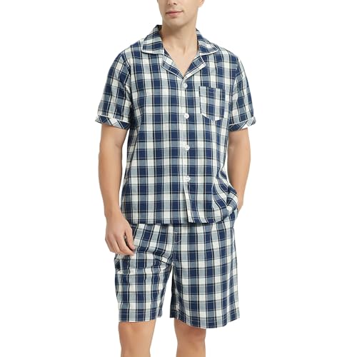 Vulcanodon Mens Cotton Pajama Set Short Sleeve, Button Down Pajama Set for Men Lightweight Men's Sleepwear