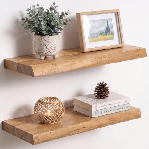 Image of RICHFOCUS Live Edge Elm Floating Shelves - 20 inch W x 9.3 inch D Rustic Solid Wood Wall Shelves with Invisible Bracket, Wall-Mounted for Living Room, Bedroom, Kitchen Storage & Display, Set of 2, Natural