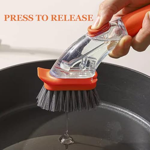 Image of Dish Brushes with Soap Dispenser with Handle-Kitchen Scrubber Brushed-1*Handle & 3*Brush Head(Orange)