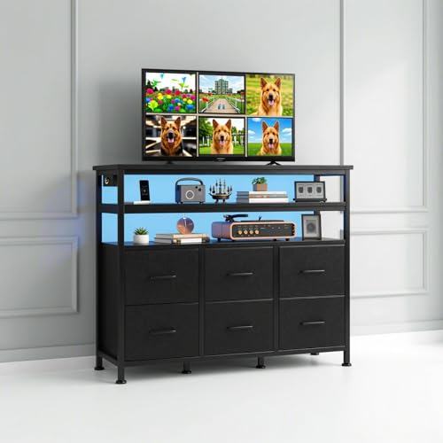 Image of DUMOS TV Stand for Up to 45 inch TV, Entertainment Center with Remote or App-Controlled LED Lights & Charging Station, Media Console Table with 6 Fabric Drawers, 2 Shelves for Living Room, Ink