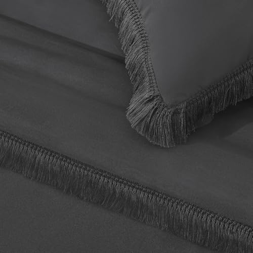 Image of Andency Oversized King Size Comforter Set Dark Grey 128x120, 3 Pieces Boho Soft Lightweight Bedding Comforter Sets, Tassel All Season Bed Set (1 Comforter & 2 Pillowcases)