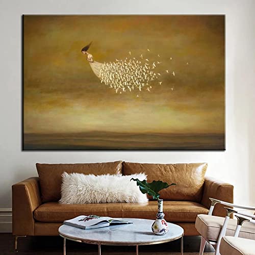 Toile Peintures Mur Art salon fille aux pigeons 80x110cm