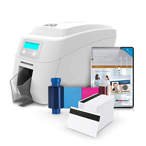 AlphaCard Magicard 300 ID Card Printer System w/ 300 Print YMCKO Ribbon, 300 Premium PVC Cards ID Suite Software (PC) (Single Sided, PVC Cards w/Mag Strip)
