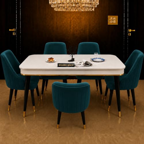 Image of WOODEN SPACE 4 Seater Wooden Dining Table Set | Urban Marble Top Dining Table with Chairs for Dining Room & Kitchen (Modern Infinity Sea Blue) (54 x 36 x 30 inch)