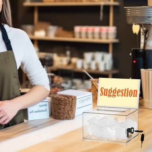 FOCCTS Clear Acrylic Donation Box with Lock, Ballot Box Suggestion Box Tip Box With Sign Holder, Raffle Ticket Box Clear Lock Box for Voting Donation Ticket Comment Tips(6.2\" x 4.5\" x 4\") - Thumbnail 7