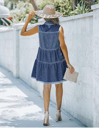 Image of luvamia Women's Casual Summer Lapel Sleeveless Button Down Short Denim Jean Dress