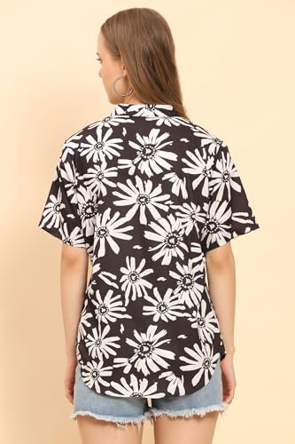 Image of Womens Casual Shirt Soft Beach Shirts Floral Tropic Print V Neck T-Shirt Short Sleeve Button Up Tops