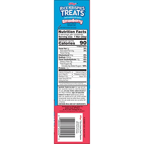 Rice Krispies Treats Marshmallow Snack Bars, Kids Snacks, Lunch Snacks, Strawberry, 6.2oz Box (8 Bars)