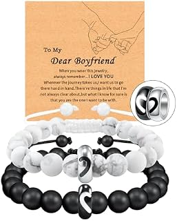 SUNSH Couples Bracelets Valentine's Day Gifts Matching Bracelets for Couples Boyfriend and Girlfriend White Black Stone Love Ring Distance Adjustable Bracelets Couple Gifts for Man Women Husband Wife