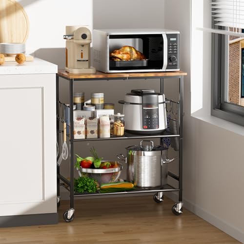 NTE Rolling Kitchen Microwave Cart 3 Tier Microwave Stand with Storage Small Kitchen Island on Wheels Kitchen Storage Cart with 6 Hooks for Kitchen Coffee Bar Living Room Balcony