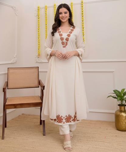 Image of ANNI Designer Pure Cotton Embroidered Kurta Set for Women | Rust Orange Kurta with Pants & Dupatta | Floral Neck & Hem Embroidery | Cotton Kurta Set for Women | 10 Colour Options Available