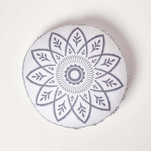 Homescapes 2er-Set runde Kissen Henna grau-weiß, Outdoor Kissen Mandala mit Füllung, Gartenkissen rund 40 cm