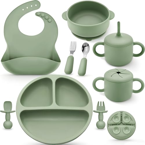 Image of Bufims Silicone Baby Feeding Set, Baby Led Weaning Supplies, Eating Essentials Utensils with Suction Plate and Bowl, Pocket Bib, Sippy Cup with Lid, Forks Spoons Snack Container, for 6+ Months, Green