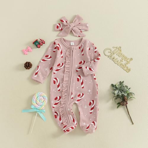 Userdefined Baby Girl Christmas Outfit Romper Onesie Candy Cane Print Footie Jumpsuit Baby Fall Winter Clothes2
