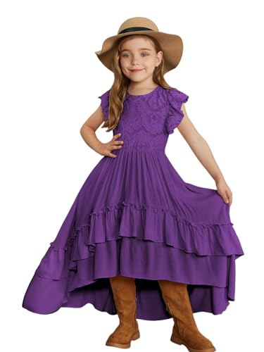 Summer Boho Lace Ruffle Sleeve High-Low Tiered Wedding Party Flower Girl Dress 2024 O-Neck Chiffon Dresses