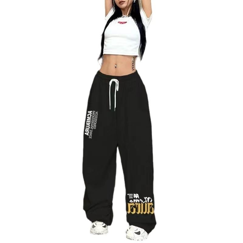 PKIMKM Pantalones de baile hip hop, pantalones deportivos de pierna ancha con cordón, pantalones deportivos holgados de cintura alta, S-3XL, Negro, S