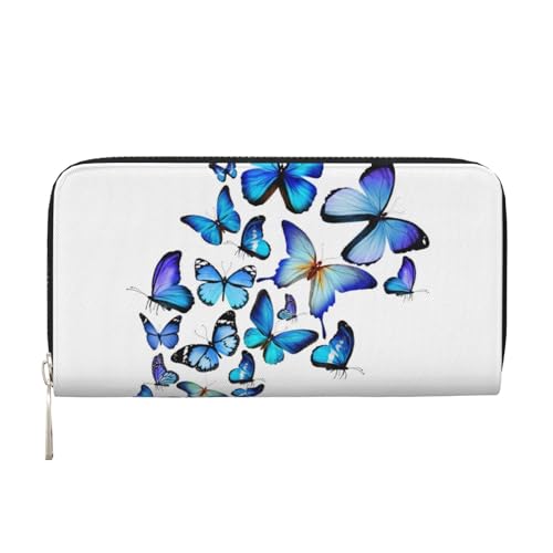 Portefeuille long en cuir noir imprimé papillon bleu grand format