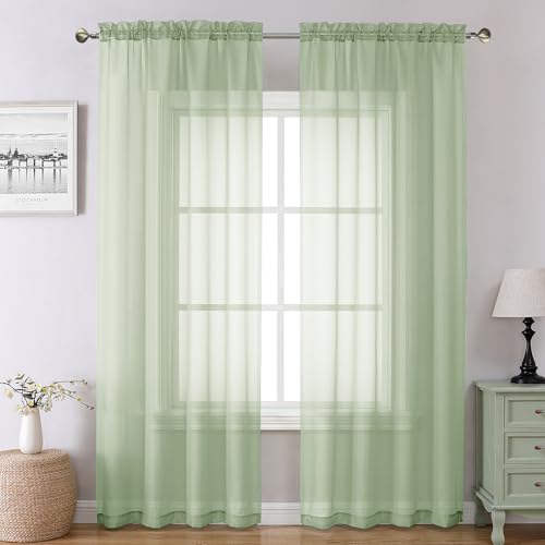 Image of Chyhomenyc Light Green Sheer Curtains 78 Inches Long 2 Panels Set for Living Room, Light Filtering Voile Lightweight Bedroom Curtains, Rod Pocket Solid Window Treatment Drapes, Each 42W x 78L