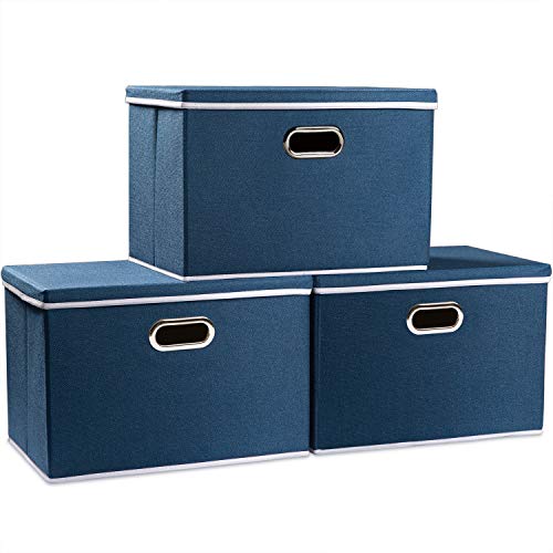 Image of PRANDOM Large Collapsible Storage Bins with Lids [3-Pack] Fabric Foldable Storage Boxes Organizer Containers Baskets Cube with Cover for Home Bedroom Closet Office Royal Blue(17.7x11.8x11.8)