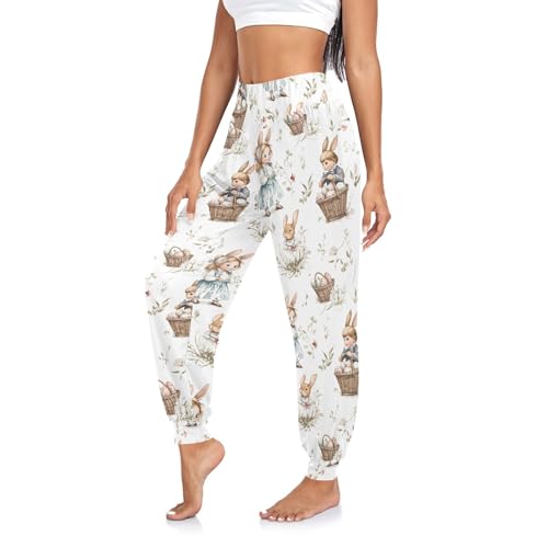 CHIFIGNO Vintage Easter Rabbits Flowers Women's Joggers Sport Workout Pants Lightweight Summer Pants, M