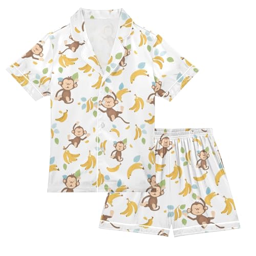 Banana Monkey Prints Summer Satin Pajama Set, Cute Button-Down Sleepwear Pj Set for Sleep Wears