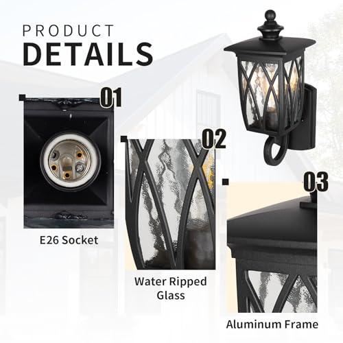 Image of JYZ 16 inch Outdoor Wall Light Fixture, Classic Exterior Waterproof Wall Lantern, Matte Black Anti-Rust Sconce with Water Ripple Glass Shade, E26 Base Outside Porch Lights for Patio Garage Door