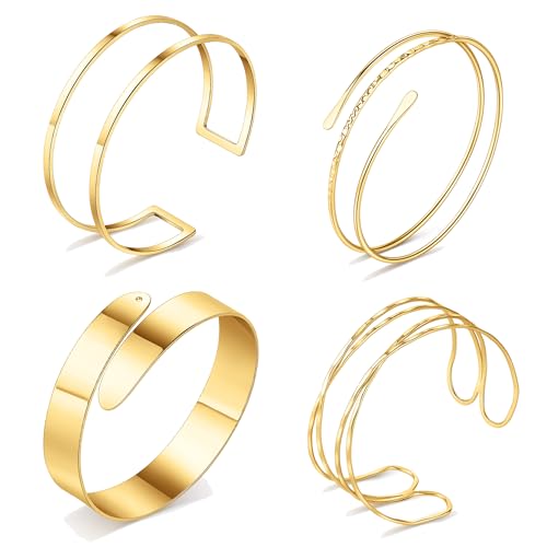 FIRAZIO 4PCS Gold Arm Cuff Jewelry for Women Upper Arm Cuff Bangle Band Armlet Adjustable Arm Gold Cuff Bracelet Set