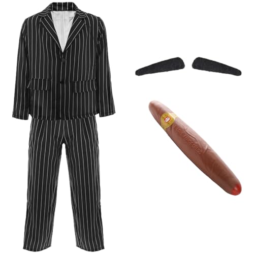 LOVETRENDS Mens Halloween Costume - Medium - Pinstripe Suit Jacket and Matching Trousers Fake Cigar Spiv Moustache - Adults Halloween Fancy Dress Costume