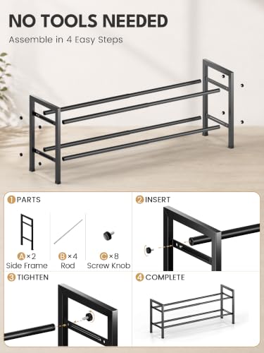 Image of Bumusty 2 Tier Expandable Shoe Rack for Closet, 18 inch-33 inch Adjustable Shoe Rack for Small Space, Small Shoe Organizer for Front Door, Sturdy Metal, Black