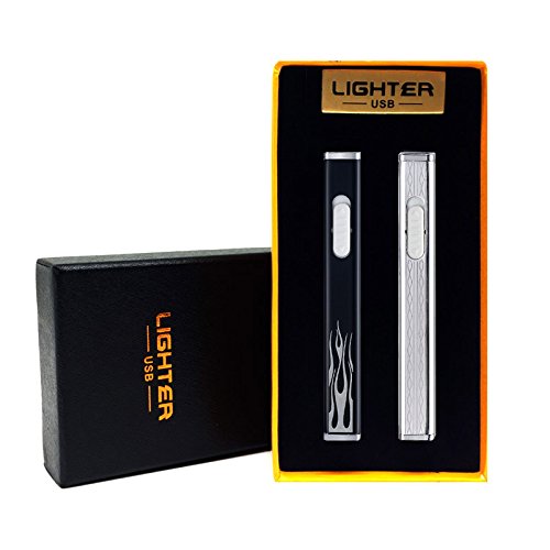 USB Lighter 2 Pack Mini Eletric Cigarette Lighters Set Rechargeable Flameless Windproof Lightweight Coil Slim Lighter (Black/Silver)
