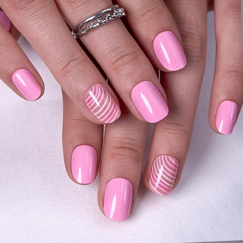 Image of CurvLife Soft Gel Press On Nails Extra Short - 30pcs Full Cover False Pink Ripple Nail Tips Designs, Fake Nail with Nail Glue - Easy Application Nail Accessories for Women