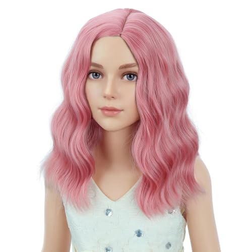 Image of PATTNIUM Pink Wig for Kids Girls Short Curly Wavy Wigs Side Part Shoulder Length Heat Resistant Synthetic Wig Halloween Cosplay Costume Party Daily Wigs