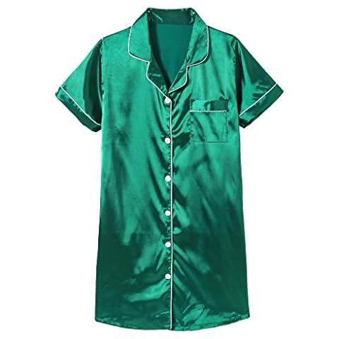 Hupohoi Girls Satin Pajamas Dress Button Down Silky Sleepwear Nightgown Short Sleeve Nightshirt Dresses, Green, 10 Cover