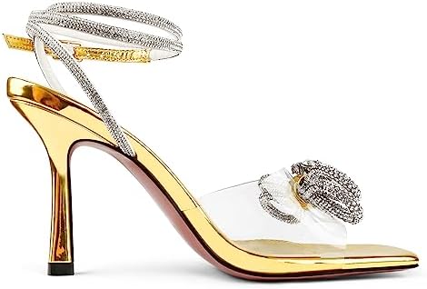 COLETER Womens Clear Rhinestones Bow Heels Sandals Slingback Lace Up Stilettos Square Toe Wedding Dress Shoes Gold 10.5US | Image 4