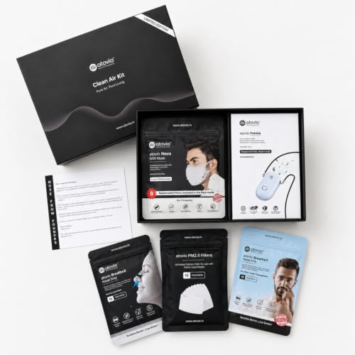Image of Atovio Clean Air Kit | Corporate Gifts for Employees, Clients & Teams | Premium Wellness Gift Box with Wearable Air Purifier, N99 Mask, PM2.5 Filters & Nasal Strips - Moonlight Black