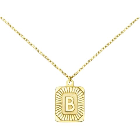Initial Medallion Necklace for Women – Vintage Sunburst Rectangle Pendant with Custom Letter – 14K Gold Plated Sterling Silver – Dainty Twisted Cable Chain – Elegant Personalized Jewelry Gift