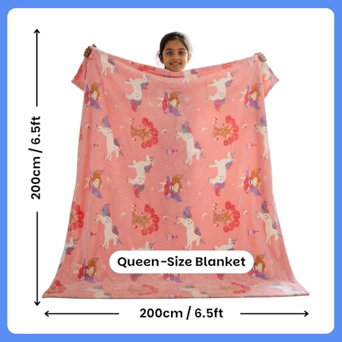 Image of Famyo Unicorn & Fairy Glow Blanket for Gifting for Kids | Birthday Gift for 0-15 yrs | AC Blanket for Children | Return Gifts & Party Favour | Perfect for Gifting for Niece /Nephew /Son /Daughter (Pink)