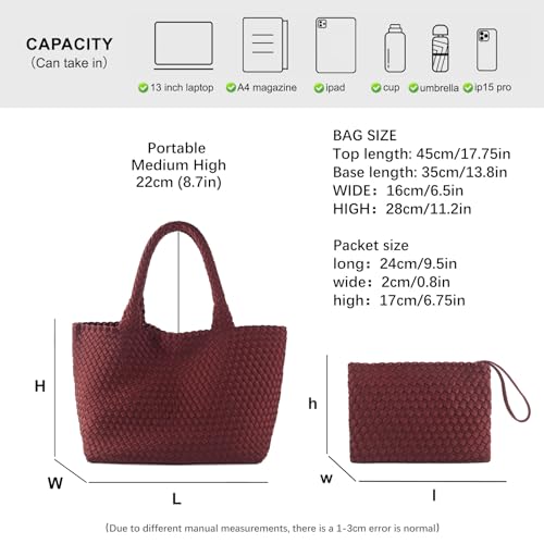Image of Woven Bag for Women, Large Neoprene Tote Bag Summer Beach Handbag Purse Retro Handmade Travel Shoulder Bag Set