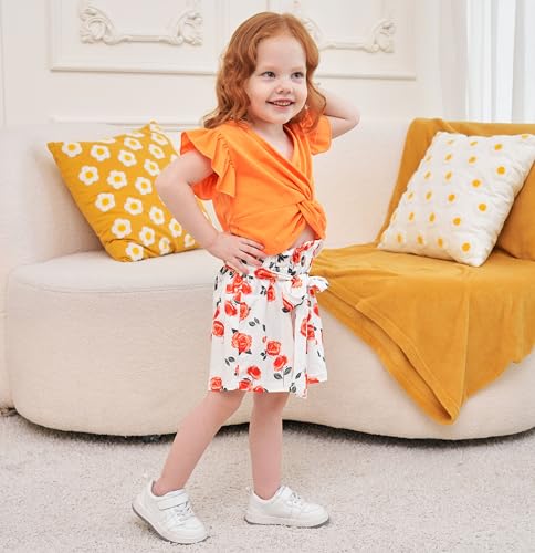 Image of Axumity Toddler Girl Clothes Outfits Tropical Print Short Sleeve Top + Floral Shorts 2PC Summer Clothing Set(7-8T)