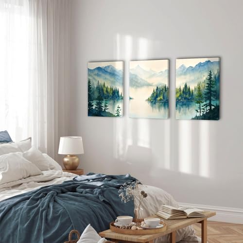 SERIMINO Nature Landscape Wall Art for Living Room, Green Forest Mountain Canvas Prints Paintings Room Decor, Lake Tree Cottagecore Modern Farmhouse Wall Decor Set of 3, 12"X16"