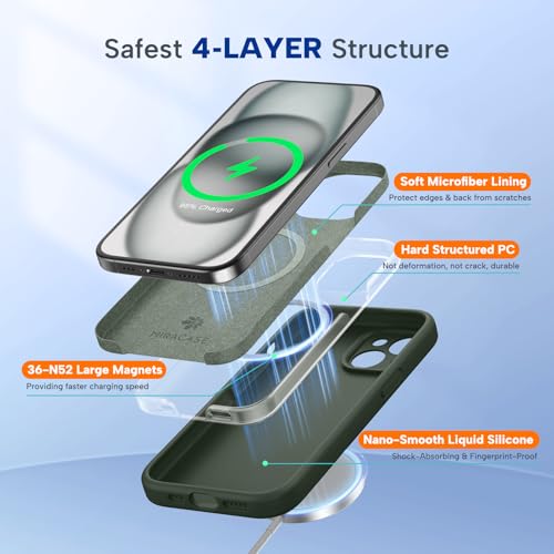 Image of Miracase Magnetic for iPhone 15 Plus Case, [Soft Anti-Scratch Microfiber Lining], Compatible with MagSafe, Liquid Silicone Shockproof Drop Protection Phone Case for 15 Plus, Dark Green