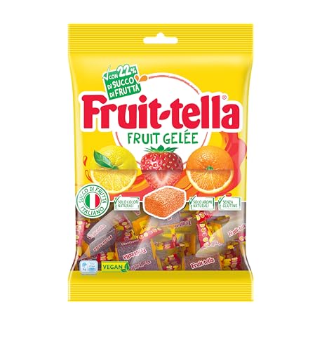 Fruittella Gelée, Caramelle Gommose, Gusto Fragola, Arancia e Limone, Con Succo di Frutta, Senza Glutine, Confenzione da 1 Busta da 180g, da Portare Sempre con te e da Condividere con chi vuoi