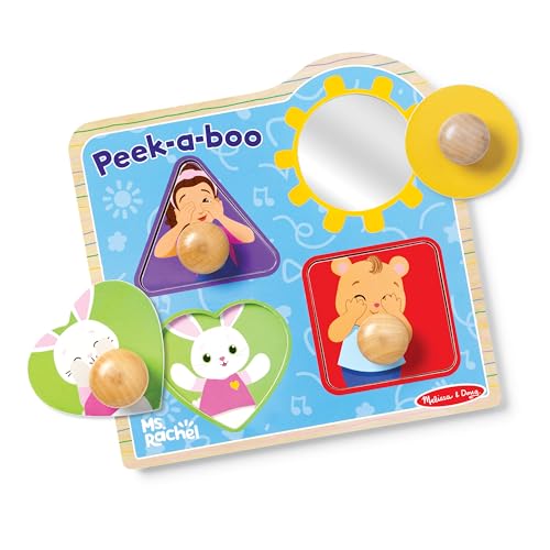 Image of Melissa & Doug® Ms. Rachel™ Wooden Peek-a-Boo Jumbo Peg Puzzle, 4-Piece with Mirror, Toddler Toys for Boys and Girls Ages 1+ Years