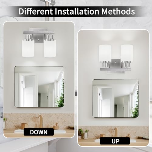 Image of 2-Light Nickel Vanity Light Bathroom Light Fixture Over Mirror | White Frosted Ribbed Glass Shade Brushed Nickel Bathroom Wall Lamp Sconces for Mirror Bedroom Hallway Small Space E26 Base