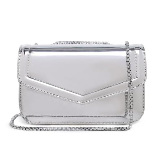 Bolsa Clutch Feminina Pequena De Mão Ombro Alça Corrente Prata Espelhado Brilhante CM HOES Festa Balada Casamento Evento Festival